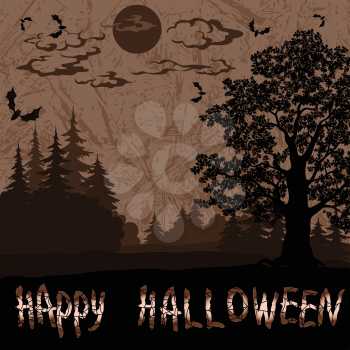 Halloween Landscape with Inscription, Trees Silhouettes, Bats and Cloudy Sky with Moon. Vector