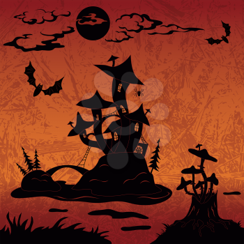 Holiday Halloween landscape with magic mushroom castle on the marsh island, moon, stump with toadstools and bats, black silhouette on abstract background. Vector