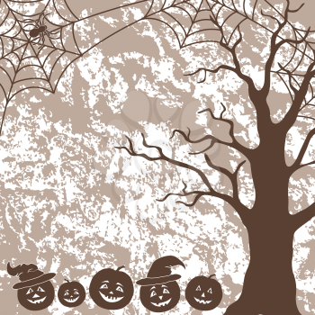 Halloween cartoon landscape with pumpkins Jack-o-lantern, tree, spider and web silhouettes. Vector