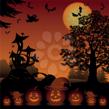Halloween cartoon landscape with pumpkins Jack-o-lantern, moon, magic Castle - mushroom, owl, trees and bats. Element of this image furnished by NASA (www.visibleearth.nasa.gov). Vector