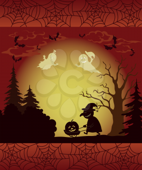 Halloween cartoon landscape with silhouettes of trees, ghosts, witch with a cart, pumpkins, bats and frame with spider web. Vector