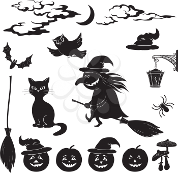Halloween cartoon, set black silhouette on white background: witch and pumpkin in trolley, ghost, owl, bat, scarecrow, lantern, moon and clouds. Vector