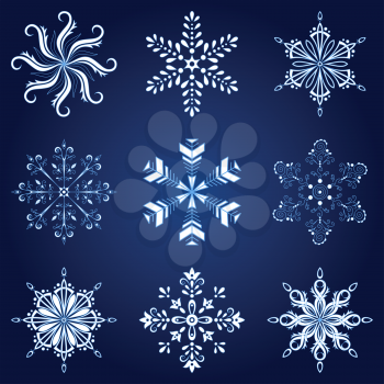 Christmas holiday decorating: set white winter snowflakes on blue background. Vector