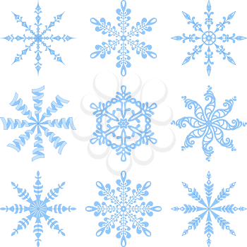Christmas holiday decorating: set blue winter snowflakes on white background. Vector illustration