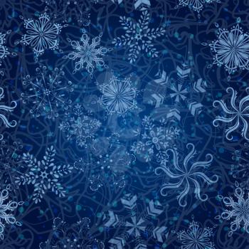 Seamless Christmas pattern, white snowflakes on abstract blue background with curves and circles. Eps10, contains transparencies. Vector