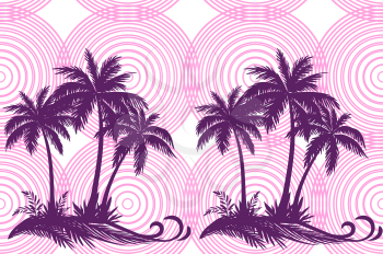 Exotic Horizontal Seamless Pattern, Tropical Landscape, Palms Trees and Grass Silhouettes on Background with Pink Rings. Vector