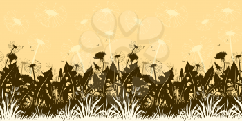 Summer Landscape, Flowers Dandelions with Leaves and Seeds and Grass Silhouettes and Contours, Horizontal Seamless Pattern. Vector