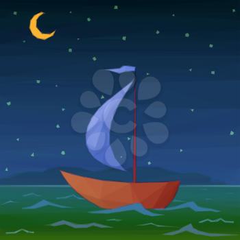 Ship Floats under Sail in the Moonlight Night Sea, Low Poly. Vector