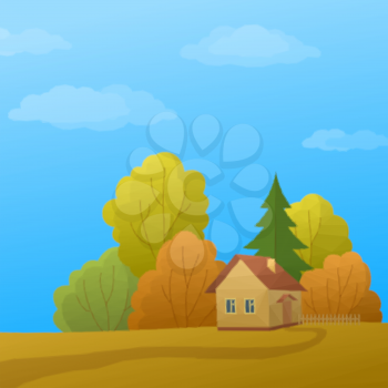 Landscape, Country House in Autumn Forest with Coniferous and Deciduous Trees and Blue Sky with Clouds, Low Poly. Vector