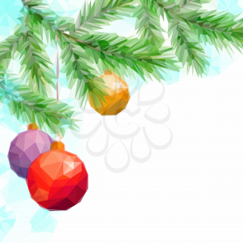 Christmas Holiday Background with Fir Tree Branches and Toy Balls, Low Poly. Vector