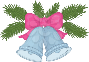 Christmas decoration, silver bells with pink bow and green fir branches. Vector