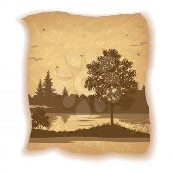 Landscape, Trees, River and Birds Silhouettes on Vintage Background of an Old Sheet of Paper. Eps10, Contains Transparencies. Vector