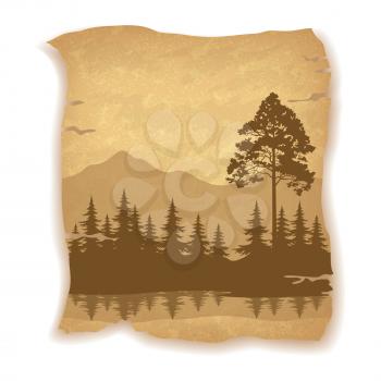 Landscape, Trees, River and Mountains Silhouettes on Vintage Background of an Old Sheet of Paper. Eps10, Contains Transparencies. Vector