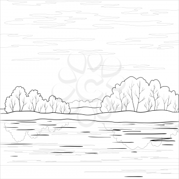 Landscape, forest, river and sky with clouds, contour. Vector