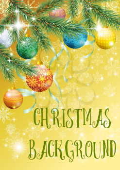 Yellow Background for Christmas Holiday Design, Green Fir Coniferous Branches, Glass Balls, Serpentine Ribbons and Snowflakes Contours. Eps10, Contains Transparencies. Vector