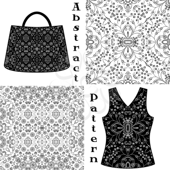 Set Seamless Floral Patterns, Black Contours Isolated on White Background, Elements for Your Design, Prints and Banners, For the Example Presented in a Female Top and a Bag. Vector