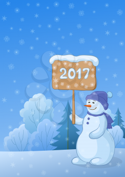 Christmas Holiday Cartoon, Snowmen Woman with the Poster for Your Text in Winter Snowbound Forest. Vector