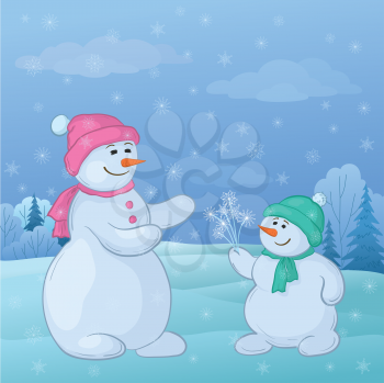 Christmas cartoon: snowmen son gives mom snowy flowers in the winter forest. Vector