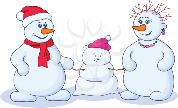 Cartoon, snowmens man and a woman make a snow baby. Vector