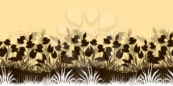 Horizontal Seamless Floral Background, Landscape with Ipomoea Flowers, Leaves and Grass Silhouettes. Vector