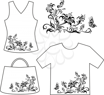 Set Floral Patterns, Symbolical Flowers and Butterflies Black Contour Isolated on White Background, Element for Design, Print and Banner, For the Example Presented in Female Top, Shirt and Bag. Vector