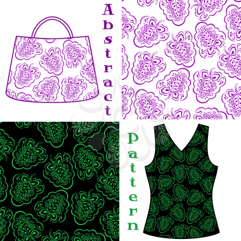 Set Seamless Floral Patterns, Symbolical Plants Contours, Elements for Your Design, Prints and Banners, For the Example Presented in a Female Top and a Bag. Vector