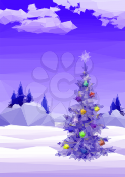Winter Woodland Landscape, Christmas Holiday Tree with Decorations, Low Poly Pattern. Vector