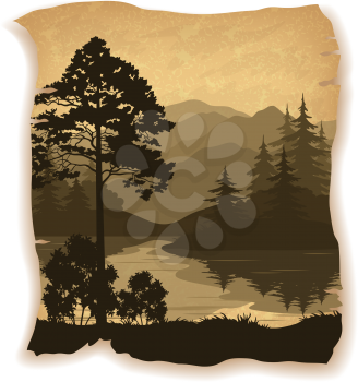 Landscape, Trees, River and Mountains Silhouettes on Vintage Background of an Old Sheet of Paper. Eps10, Contains Transparencies. Vector