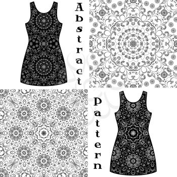 Set Seamless Floral Patterns, Black Symbolical Contours Isolated on White Background, Elements for Your Design, Prints and Banners, For the Example Presented in a Dress. Vector