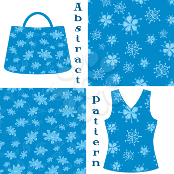 Set Seamless Floral Patterns, Symbolical Flowers Contours and Silhouettes on Blue Background, Elements for Your Design, Prints and Banners, For the Example Presented in a Female Top and a Bag. Vector