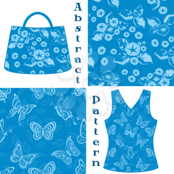 Set Seamless Patterns, Symbolical Flowers and Butterflies Contours and Silhouettes on Blue Background, Element for Design, Prints and Banners, For the Example Presented in a Female Top and Bag. Vector
