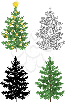 Set of Christmas Trees, with Holiday Decorations, Gold Stars and Balls, Green Naturalistic and Black Outlines Contours and Silhouettes Isolated On White Eps10, Contains Transparencies. Vector