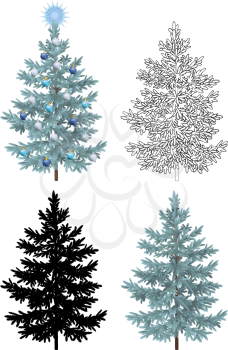 Set of Christmas Trees, with Holiday Decorations, Blue Star and Balls, Green Naturalistic and Black Outlines Contours and Silhouettes Isolated On White. Eps10, Contains Transparencies. Vector