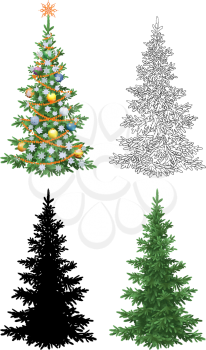Set of Christmas Trees, with Holiday Decorations, Star, Snowflakes, Balls and Garland, Green Naturalistic and Black Contours and Silhouettes Isolated On White. Eps10, Contains Transparencies. Vector