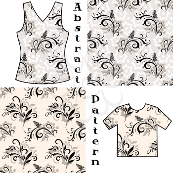 Seamless Patterns, Contours and Silhouettes Symbolical Flowers and Butterflies on Floral Background, Element for Design, Prints and Banners, For the Example Presented in a Female Top and Shirt. Vector