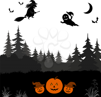 Holiday Halloween Landscape, Witch on Broom, Ghosts and Bats Flying Over Forest and Pumpkins Jack-o-Lantern, Black Silhouettes Isolated on White Background. Vector