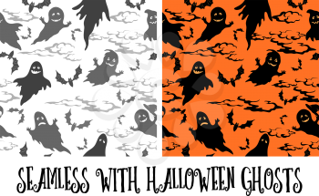 Seamless Patterns, Symbols Halloween Holiday, Ghosts, Bats, Clouds Grey and Black Silhouettes on White and Orange Background. Vector