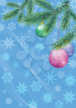 Background for Christmas Holiday Design, Green Fir Coniferous Branches, Glass Balls and Outline Snowflakes. Eps10, Contains Transparencies. Vector