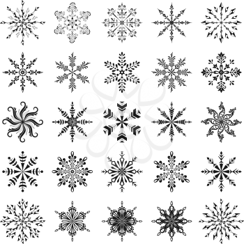 Christmas decoration: set snowflakes, black contour on white background. Vector
