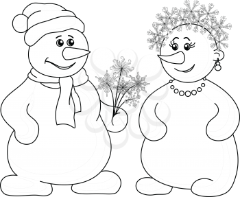 Christmas holiday cartoon, snowballs man and woman with a bouquet of flowers - snowflakes, black contour on white background. Vector illustration