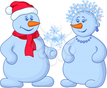 Christmas holiday cartoon, snowballs man and woman with a bouquet of flowers - snowflakes. Vector illustration