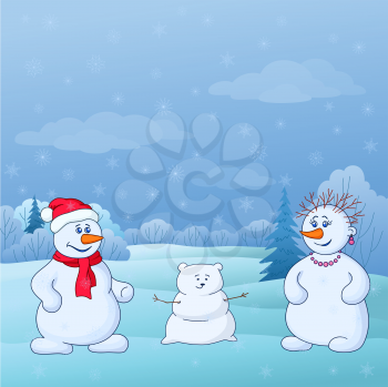 Cartoon, snowmens man and a woman make a snow baby in winter forest. Vector