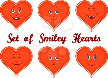 Set Valentine Holiday Symbols, Red Cartoon Hearts, Faces with Different Emotions, Funny and Sad, Laughing and Weeping, Isolated on White Background. Vector