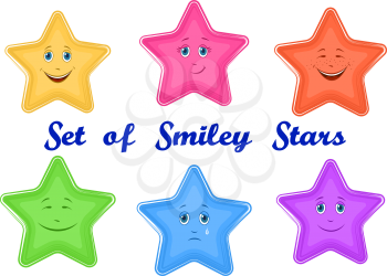 Set Cartoon stars Faces with Different Emotions, Funny and Sad, Laughing and Weeping, Isolated on White Background. Vector