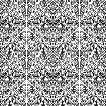 Seamless Tile Floral Pattern, Black Symbolical Contours Isolated on White Background. Vector