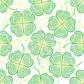 Seamless Saint Patrick Holiday Floral Tile Pattern, Green Symbolic Clover Plants and Rings. Vector