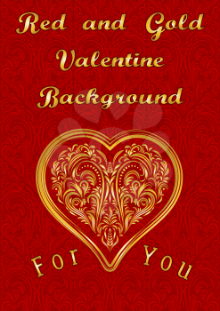 Valentine Holiday Background, Golden Heart with Vintage Pattern on Red Floral Ornament. Vector