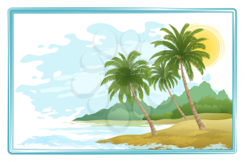 Tropical Sea Landscape, Green Exotic Palm Trees, Sky with Clouds and Sun. Eps10, Contains Transparencies. Vector