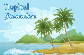 Tropical Sea Landscape, Beach, Green Exotic Palm Trees, Island with Mountains and Sky with Clouds. Eps10, Contains Transparencies. Vector