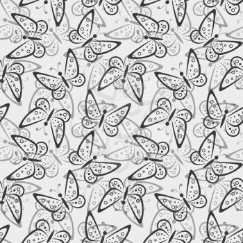 Seamless Pattern, Symbolical Butterflies Black and Grey Contours on Tile Background. Vector